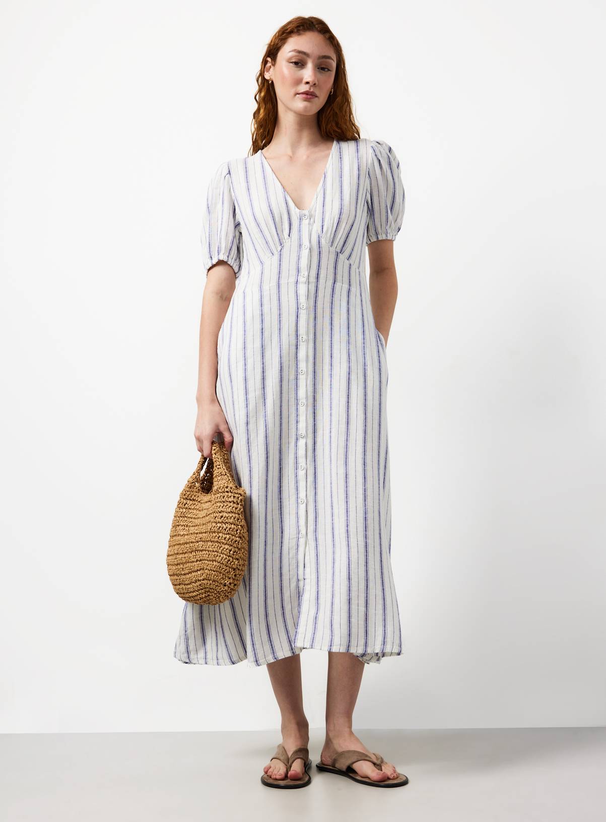 White Stripe Print Linen Blend Midaxi Dress 8 - Image 2